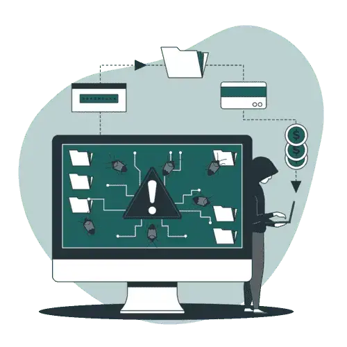 Illustration of a monitor with Security Items and man standing next to it trying to hack into the computer