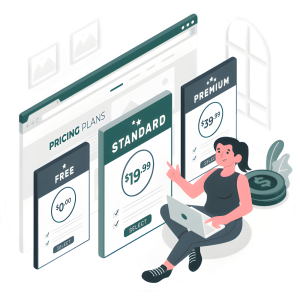 Illustration of a girl sitting on the floor in front of pricing tables