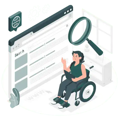 Illustration of a girl in a wheelchair with a Search Magnifying glass doing a search