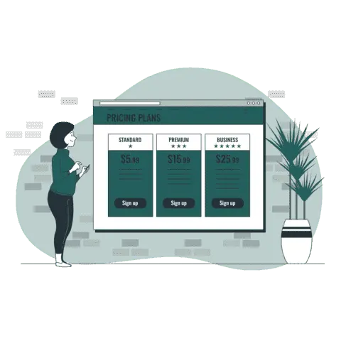 Illustration of a woman standing next to a pricing table to represent WordPress Hosting