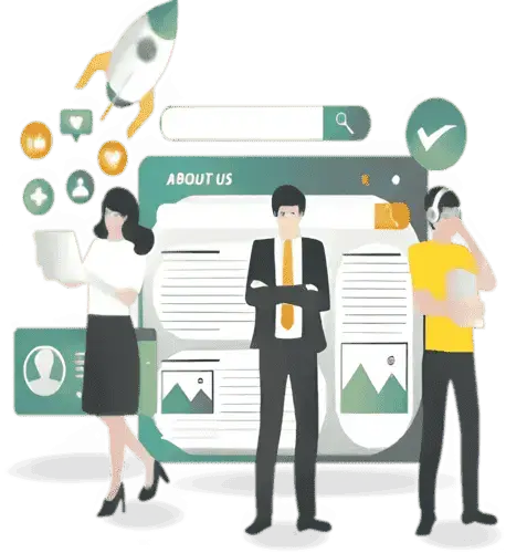 Illustration of 3 people in front of a screen with a search icon and the words of about us