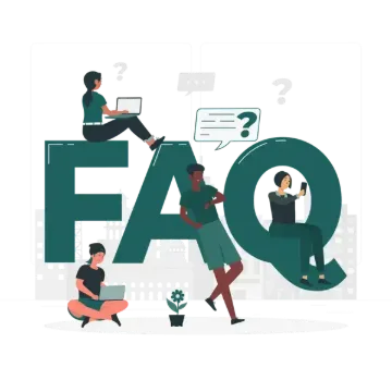 Illustration of people with laptops and phones gathered around large FAQ letters