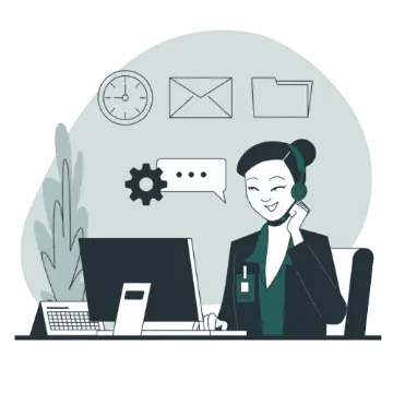 Cartoon illustration of a person at a computer managing website hosting features
