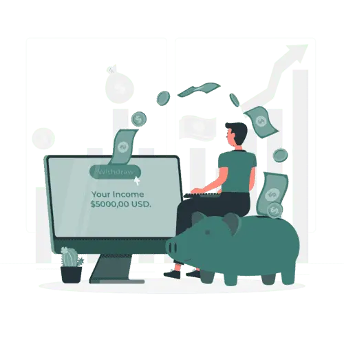 Start a web hosting business: a man at his computer watching his income grow as money falls into a piggy bank