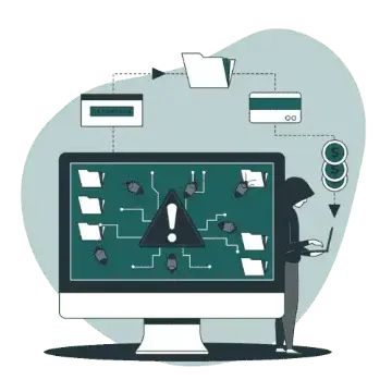 Illustration of a monitor protected by security shields while a hacker tries to break in