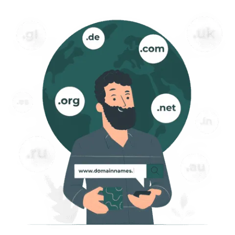 How to choose a domain name illustration: a man with a phone in front of a circle of domain name extensions