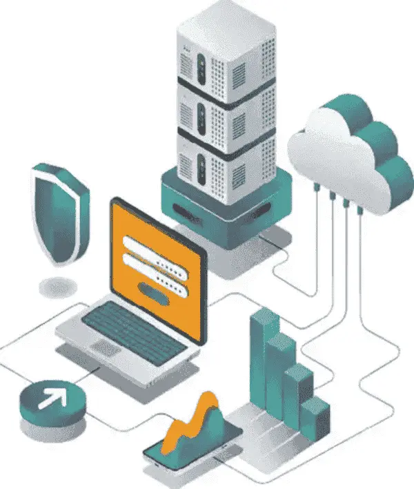 Reliable web hosting illustration: a server, laptop, security shield and cloud with three people at workstations