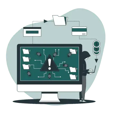 Website security checklist illustration: a monitor with security items and a man standing next to it trying to hack into the computer