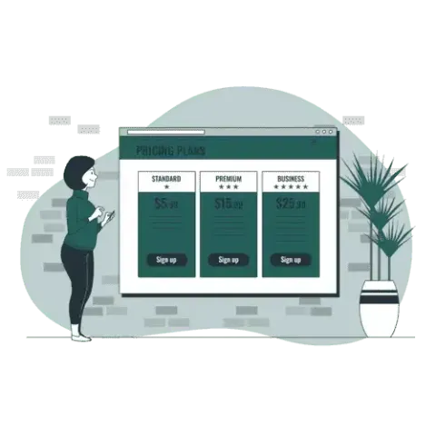 What is a dedicated server illustration: a woman standing next to pricing tables deciding to choose a dedicated hosting plan