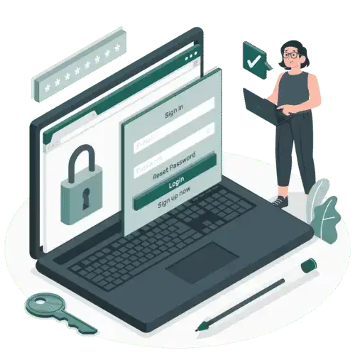 WHOIS database illustration: a girl next to a laptop with a security lock